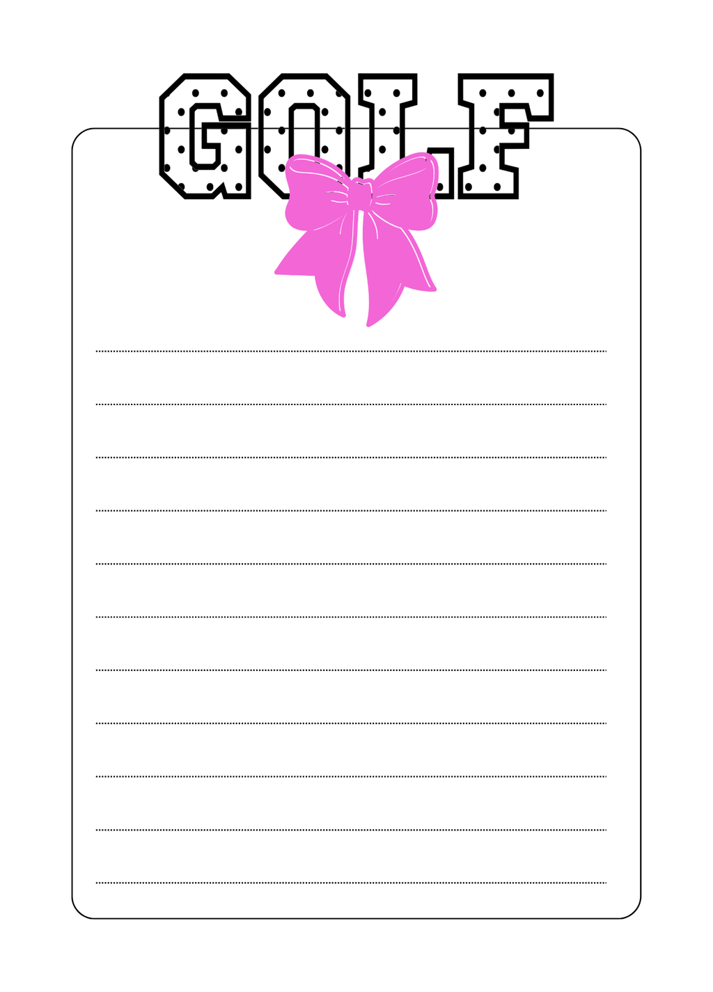 Golf Notepad For Women Golfers Featuring Pink Bow Design Cute Stationery Gift Fifty Page Writing Pad With Marquee Style Lettering Matte Paper Quality Construction Chipboard Backing Support Five By Seven Inch Size Perfect Desktop Accessory