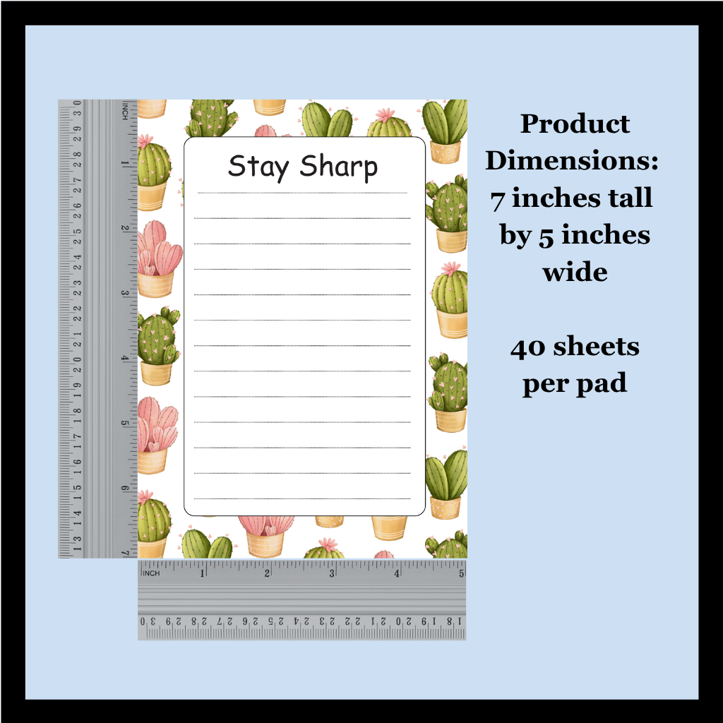 A pad of lined writing sheets with a cactus pattern border, shown with rulers for scale and text stating product dimensions of 7 inches tall by 5 inches wide and 40 sheets per pad on a light blue background.
