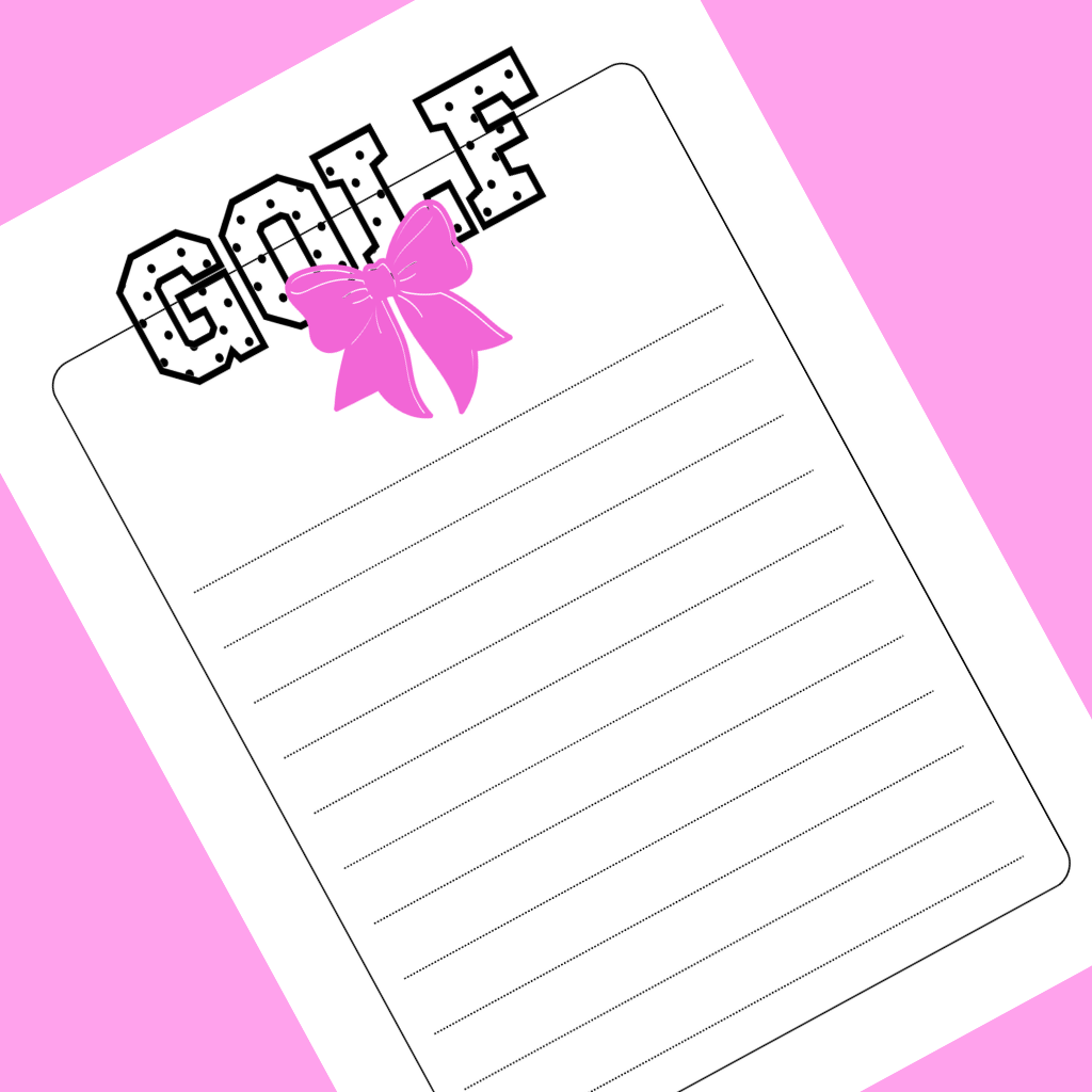 A white lined notepad or writing pad with the word "GOLF" in a black dotted outline font at the top, decorated with a pink bow graphic, shown on a pink background.