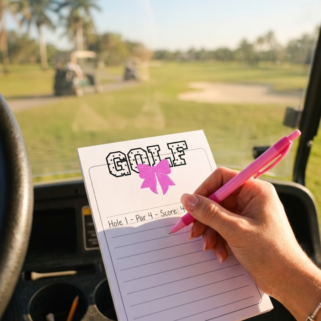 A close-up of a hand holding a pink pen over a white lined notepad with "GOLF" logo with a pink bow with a blurred golf course and cart visible through the windshield of a golf cart.