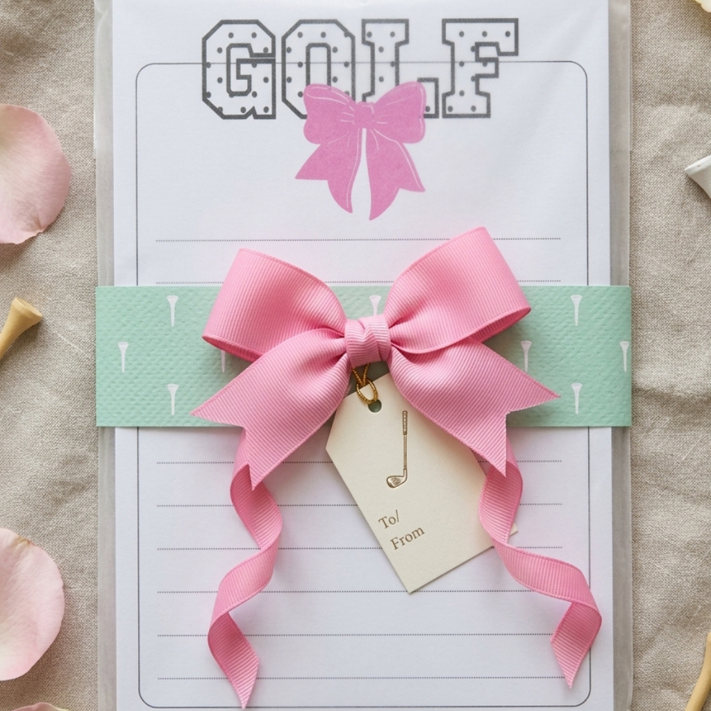 A white golf-themed memo pad with the word GOLF at the top, decorated with a large pink ribbon bow, a mint green patterned band, and a small cream gift tag.