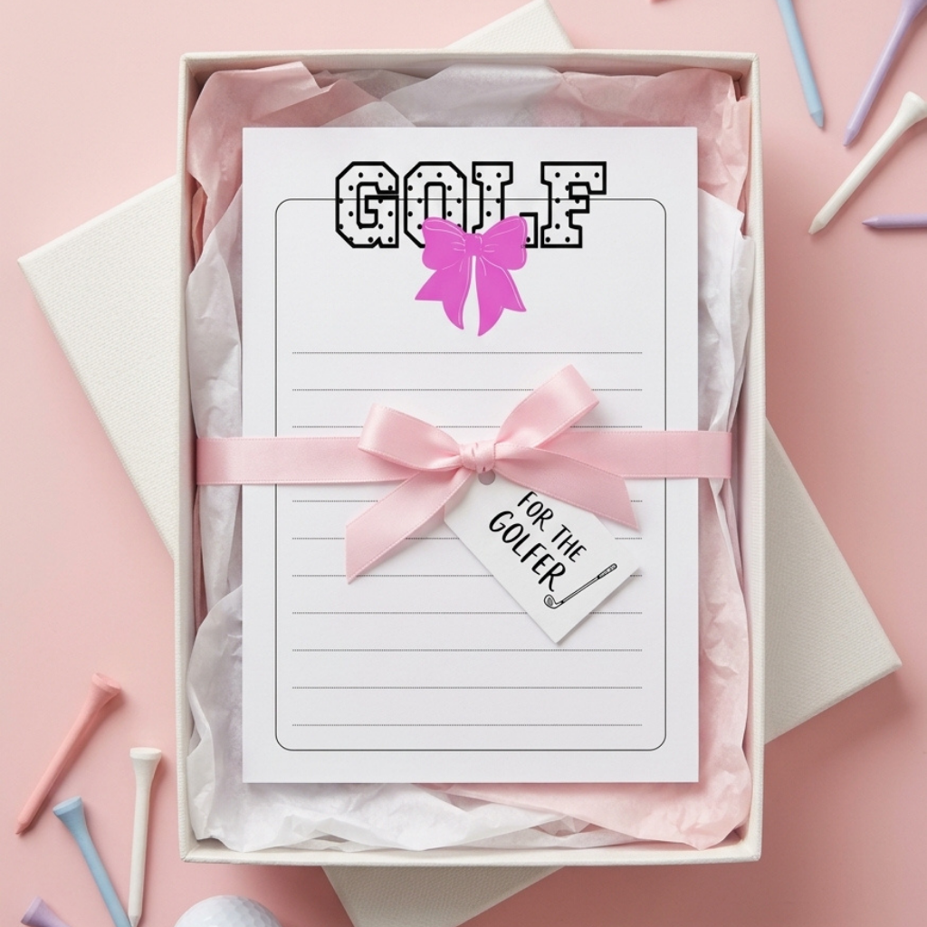 A golf-themed gift box containing a white lined notepad with 'GOLF' and a pink bow graphic, wrapped in a pink ribbon with a 'FOR THE GOLFER' tag, set on a pink background with golf tees.