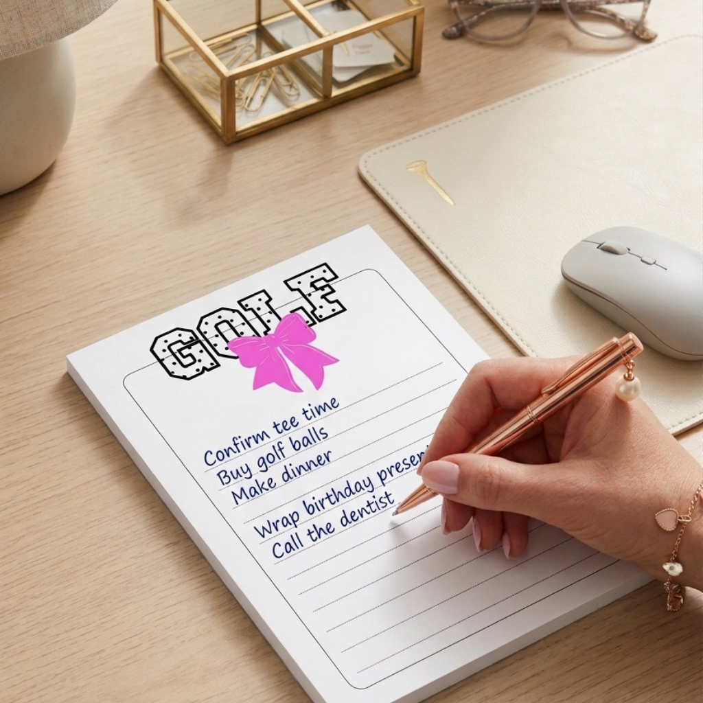 A close-up of a hand writing on a white notepad that says 'GOLF' with a pink bow illustration and a list of golf-related tasks. The scene is set on a light wood desk with a mouse, a cream mouse pad, and glasses in the background.