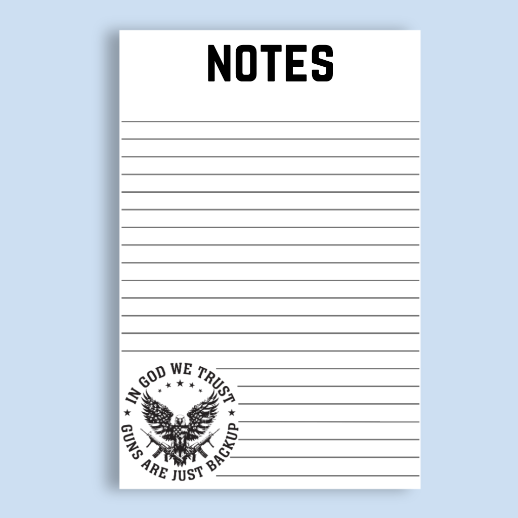 Patriotic Notepad With Eagle And Crossed Rifles Design Fifty Page Lined Writing Pad For Conservative Gift Giving Second Amendment Theme Notes Section At Top Five By Seven Inch Format Chipboard Backing Quality Paper Stock American Pride