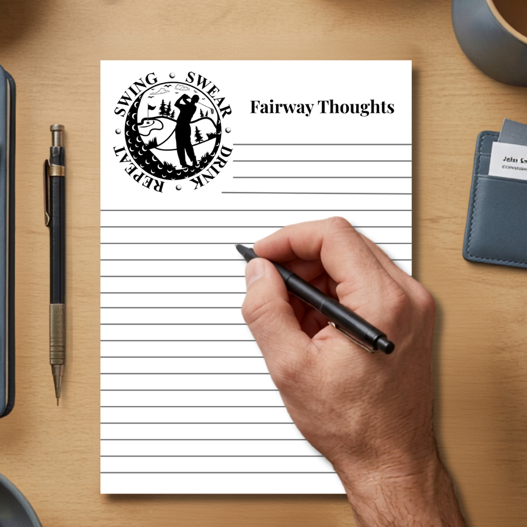 A hand holding a black pen over a lined notepad on a wooden desk. The notepad has the circular 'Swing, Swear, Drink Repeat' logo and the text 'Fairway Thoughts' at the top.