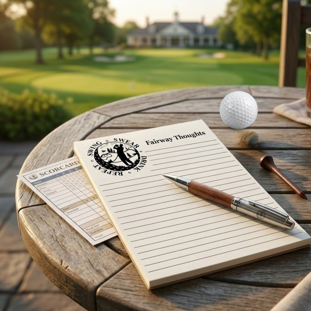 A golf-themed notepad with the logo 'Swing Swear Drink Repeat" "Fairway Thoughts' lies on a rustic wooden table outdoors, alongside a golf ball, tees, and a scorecard, with a blurred golf course in the background.