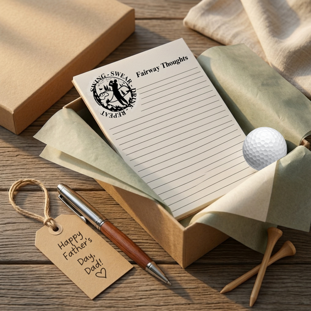 A golf-themed gift set in a kraft paper box on a wooden table, featuring a lined notepad with the text 'Fairway Thoughts' and a golf club logo, a silver and wood pen, a small white golf ball, wooden tees, and a paper tag that reads 'Happy Father's Day!'.