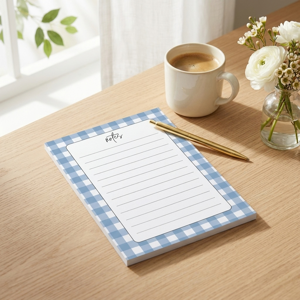 A lined notepad with a light blue and white gingham border sits on a wooden desk next to a cup of coffee and a small vase of white flowers. A gold pen rests on top of the notepad.