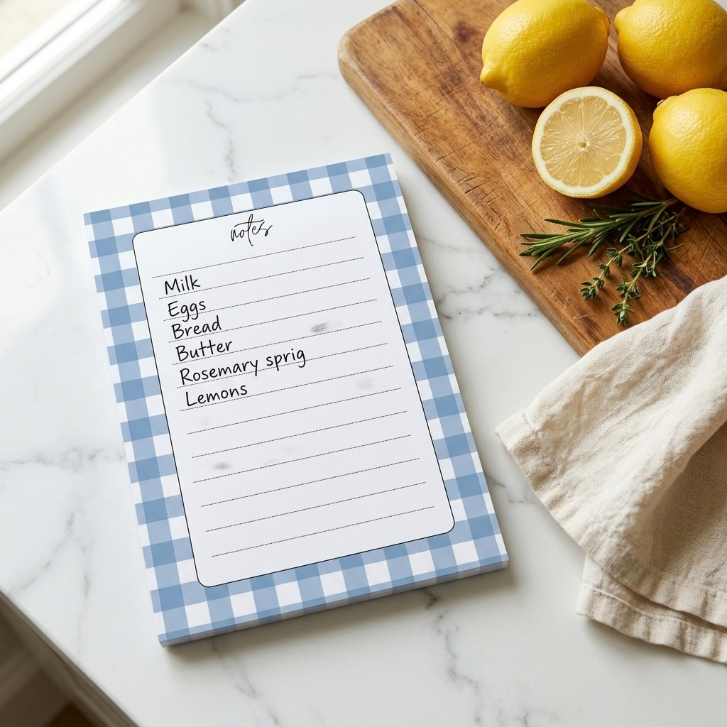 A light blue and white gingham notepad with lined writing space sits on a white marble countertop. The notepad is styled in a kitchen setting with a wooden cutting board, fresh lemons, rosemary, and a beige cloth napkin.
