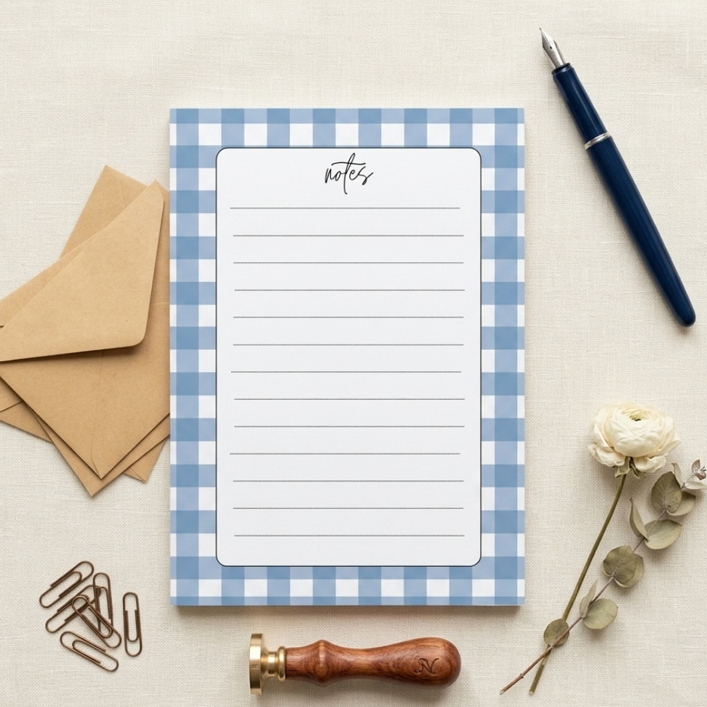 A light blue and white gingham notepad with lined writing pages and the word 'notes' at the top, styled in a flat lay with a navy pen, brown envelopes, paperclips, a wooden-handled stamp, and a small white flower on a light beige fabric background.