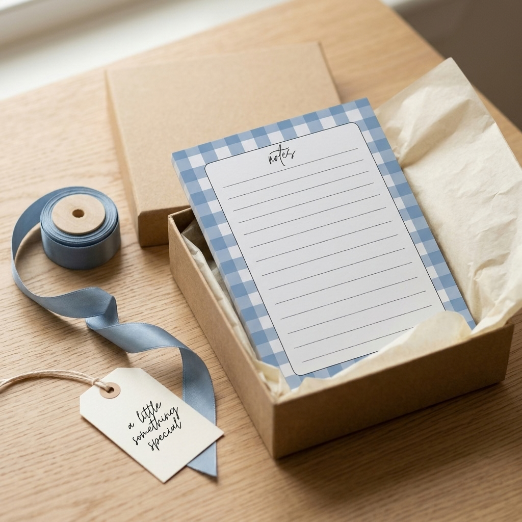 A kraft paper gift box on a wooden table with a light blue and white gingham bordered lined notepad, a roll of dusty blue ribbon, and a cream gift tag that reads 'a little something special'.