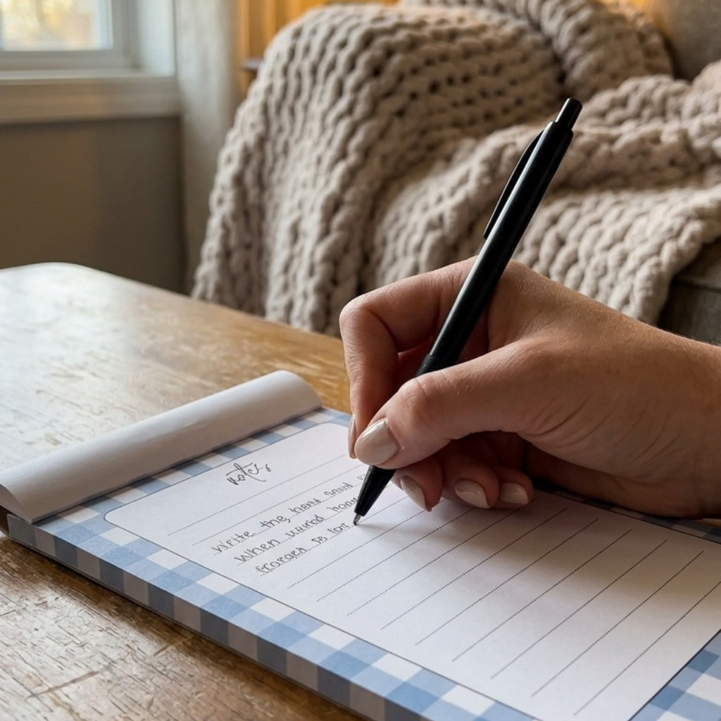 A close-up of a hand writing in a light blue and white gingham bordered lined notepad with a black pen, placed on a wooden table with a cozy knitted blanket in the background.
