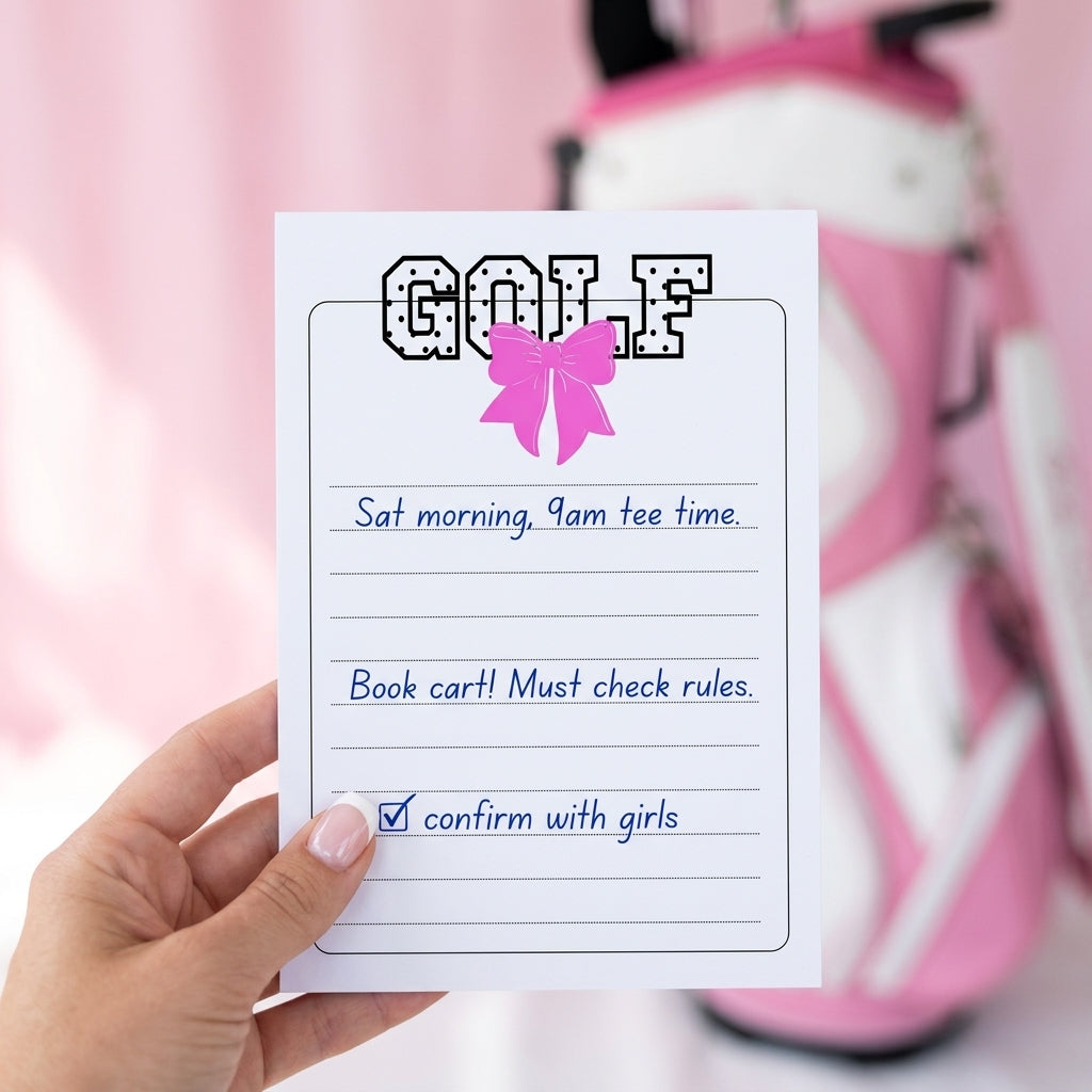 A hand holds a white golf-themed notepad with a pink bow graphic and handwritten-style text, with a blurred pink and white golf bag in the background.