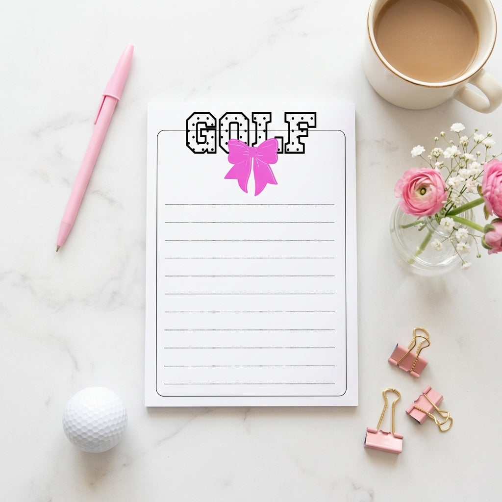 A lined notepad sheet with the word 'GOLF' in a black outlined font and a pink bow graphic at the top, styled on a white marble surface with a pink pen, golf ball, coffee cup, flowers, and pink binder clips.