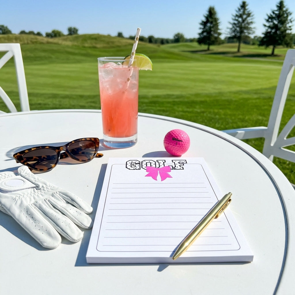 A white round table on a golf course with a pink cocktail, sunglasses, a white golf glove, a pink golf ball, and a lined notepad with a gold pen. The notepad has the word 'GOLF' and a pink bow logo at the top.