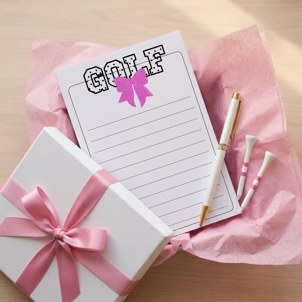A golf-themed gift set featuring a white lined notepad with 'GOLF' and a pink bow, a white pen with gold trim, two golf tees, and a white gift box tied with a pink ribbon, arranged on pink tissue paper over a light wood surface.