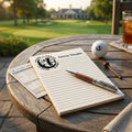 A golf-themed notepad with the text 'Fairway Thoughts' and a golf ball, pen, and scorecard arranged on a wooden table with a blurred golf course background.