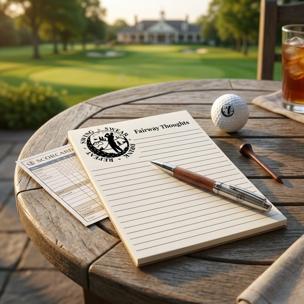 A golf-themed notepad with the text 'Fairway Thoughts' and a golf ball, pen, and scorecard arranged on a wooden table with a blurred golf course background.