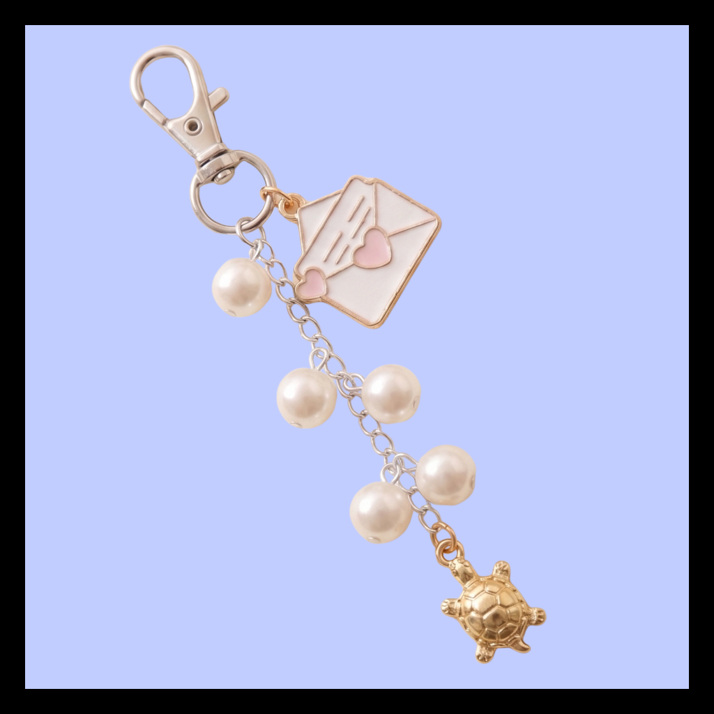 Pearl Keychain Charm Silver Chain Design Five White Acrylic Pearl Beads Silver Metal Turtle Charm Enamel Envelope Pink Heart Detail Lobster Claw Clasp Decorative Bag Accessory Cute Purse Charm Perfect Gift Turtle Lover Present Feminine