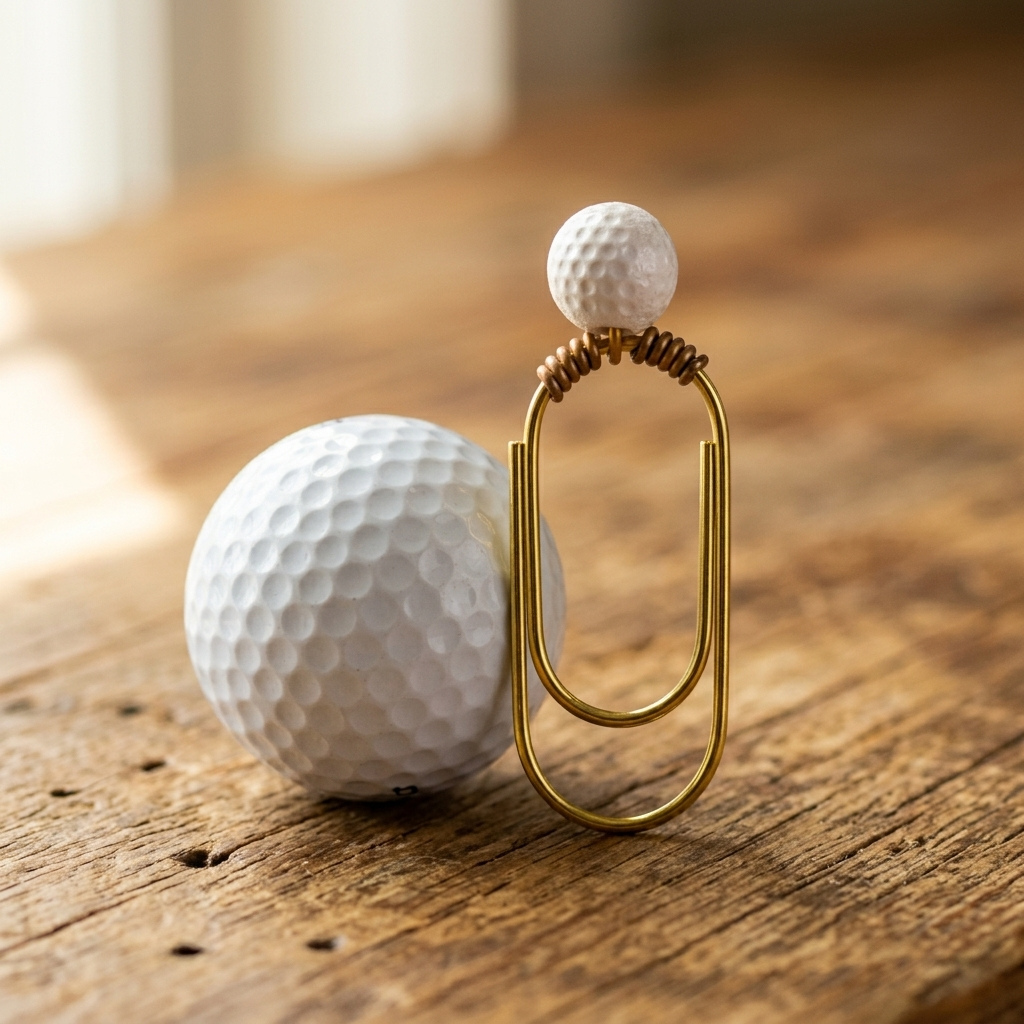 A novelty golf club paperclip made from a gold metal U-shaped wire frame, a white textured golf ball bead on top, and gold wrapping, standing next to a golf ball on a wooden desk. 