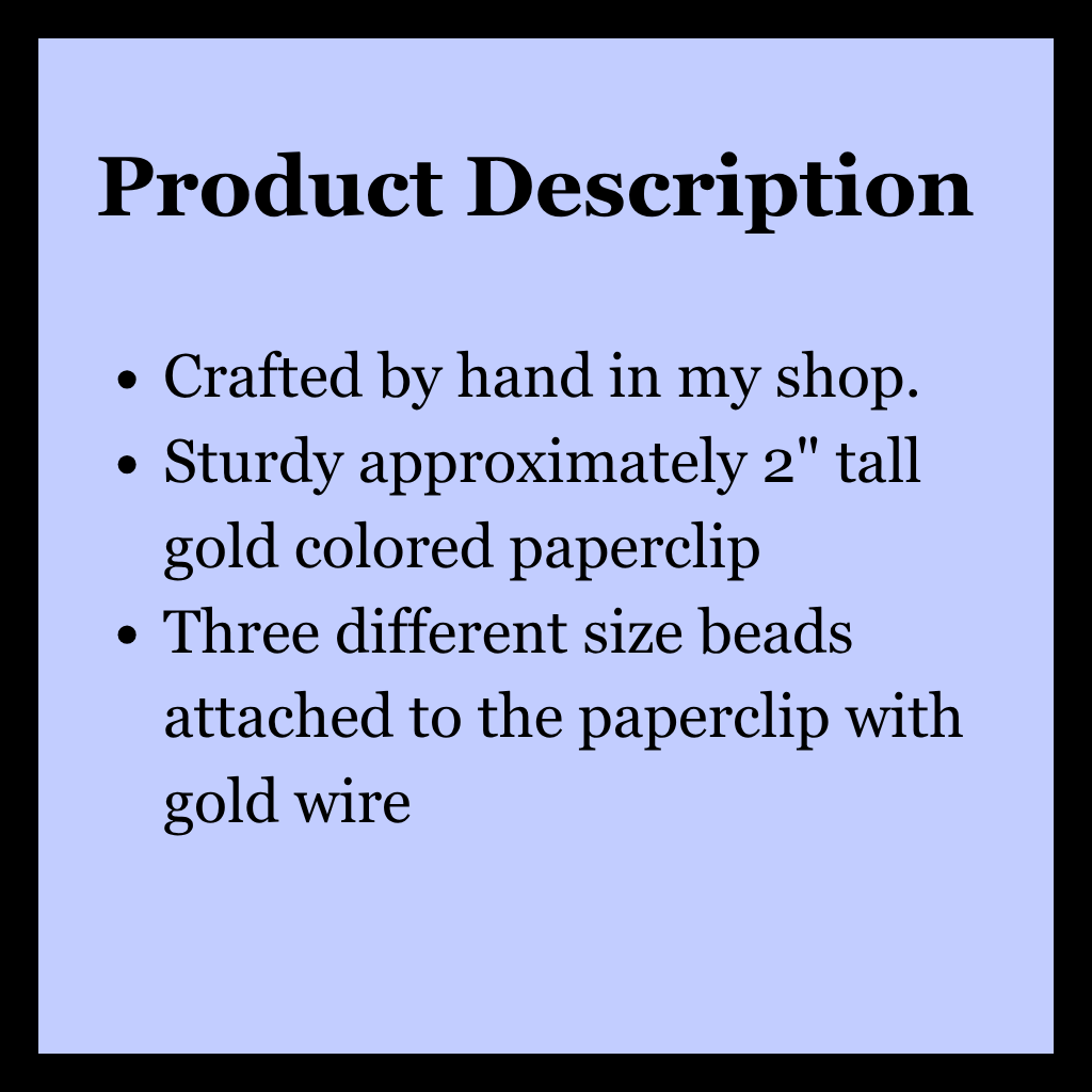A product description slide with a light blue background and black border, featuring black text that reads: 'Product Description' followed by bullet points about a handmade paperclip-style craft item with gold-colored wire and beads.