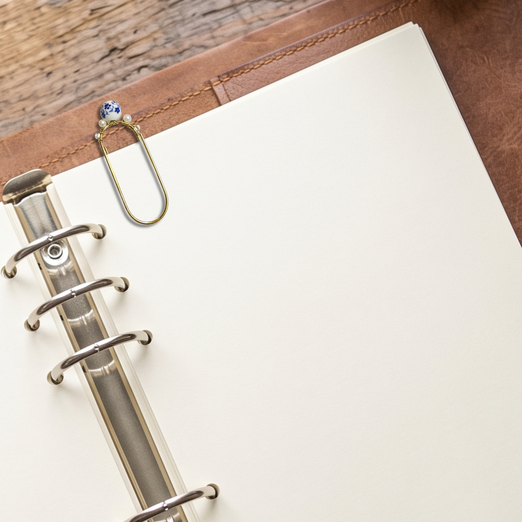 A close-up of an open ring binder with blank white pages, a brown leather cover, and a decorative metal paperclip on a rustic wooden surface.