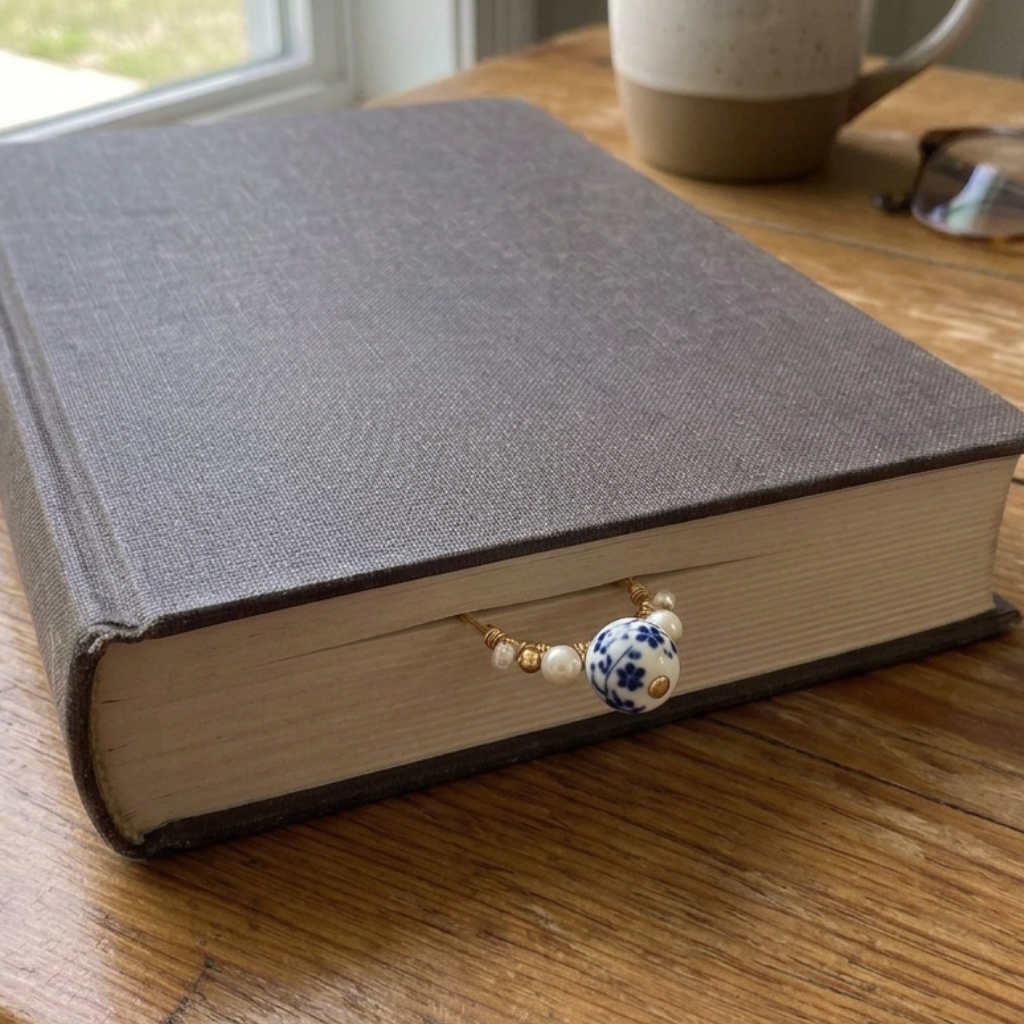 A close-up of a gray hardcover book on a wooden table, with a small beaded bookmark clipped to the books pages. The bookmark features white beads, gold-toned spacer beads, and a round blue-and-white patterned accent bead.