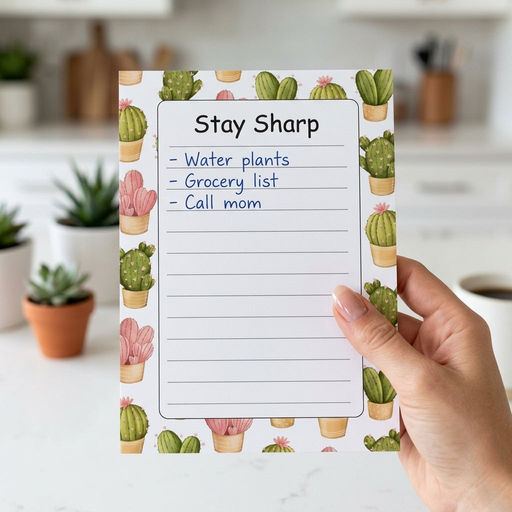 A hand holds a printed notepad with a cactus pattern border and the title 'Stay Sharp' on a white lined page, with a blurred kitchen background.