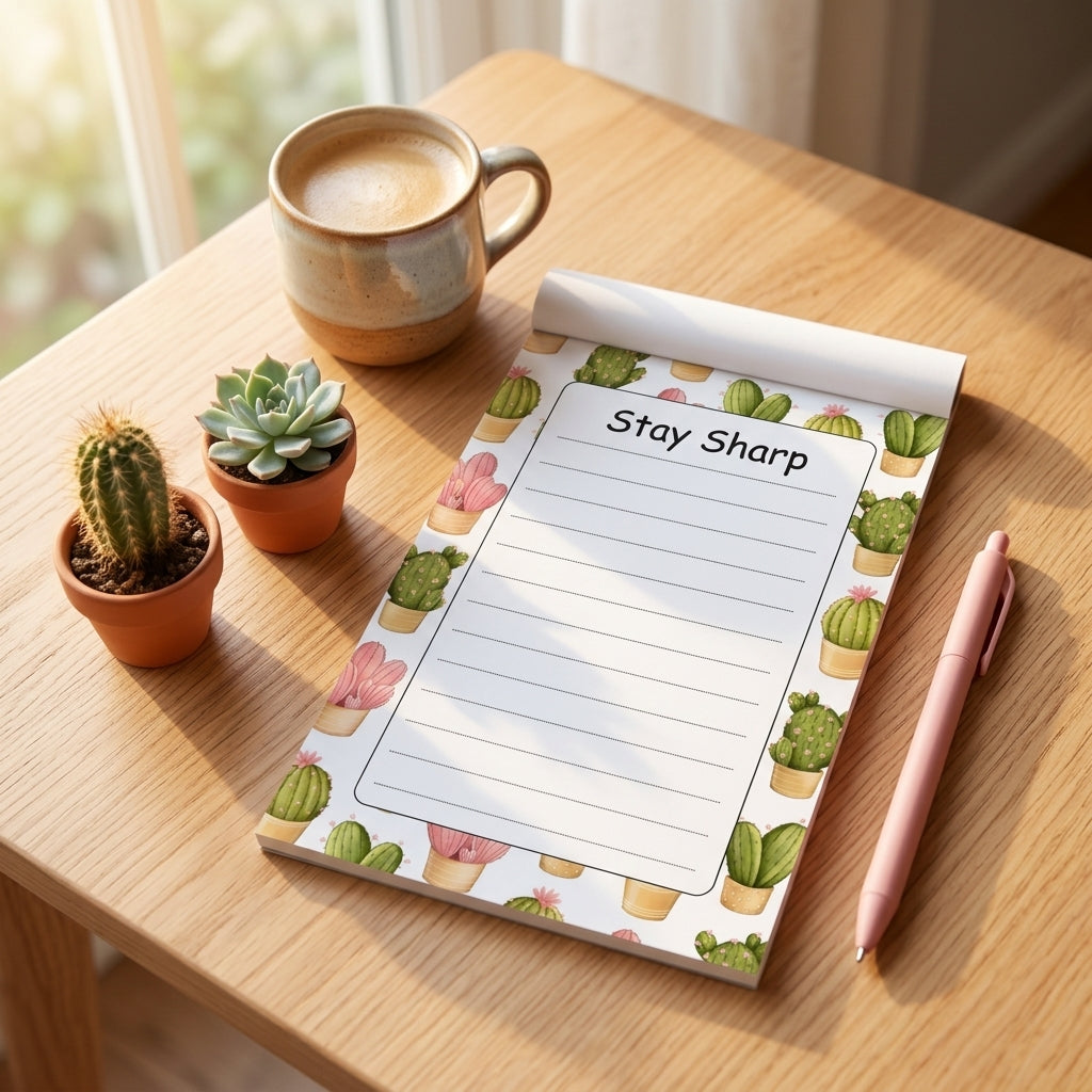 "Stay Sharp" 5x7 notepad with a watercolor cactus border and dotted writing lines, on a wood desk beside mini potted cacti, a coffee mug, and a pink pen.
