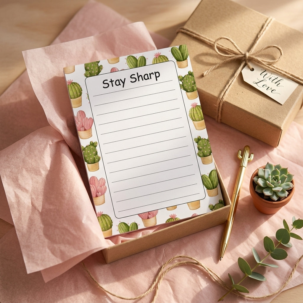 A stationery gift set featuring a lined notepad with a cactus border and the words 'Stay Sharp' on the cover, displayed in a kraft gift box with pink tissue paper. A gold pen, a small potted succulent, and a wrapped kraft box with a 'With Love' tag are arranged around it on a pink fabric surface.