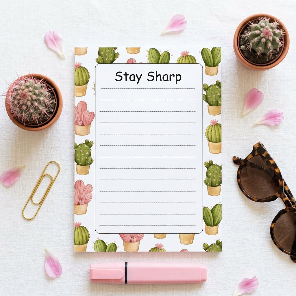 A lined notepad with the words 'Stay Sharp' in a cactus-patterned border, styled in a flat lay with pink pens, sunglasses, paper clips, and small potted cacti on a white background.
