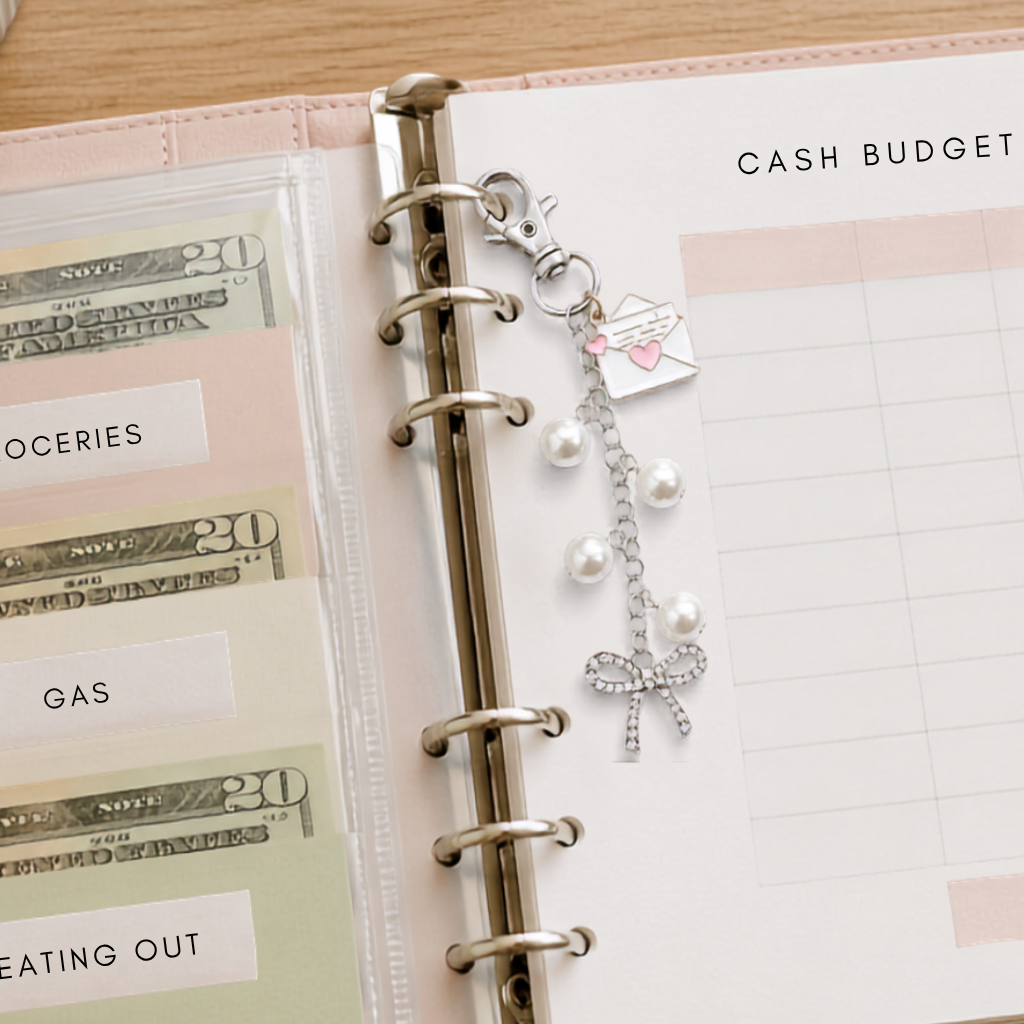 A silver metal keychain charm with faux pearl beads, a rhinestone bow charm, and a small pink heart-accented tag, attached to a ring binder planner page.