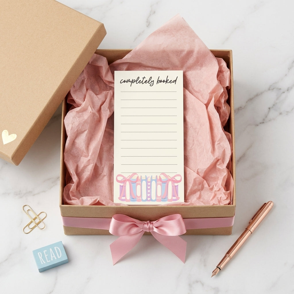 Book Lover Notepad in Gift Box Completely Booked Design Handwritten Script Header Pastel Blue Pink Books Illustration Literary Gift Stationery Bookish Organizer Forty Page Reading Journal Dotted Lines Writing Space Compact Size