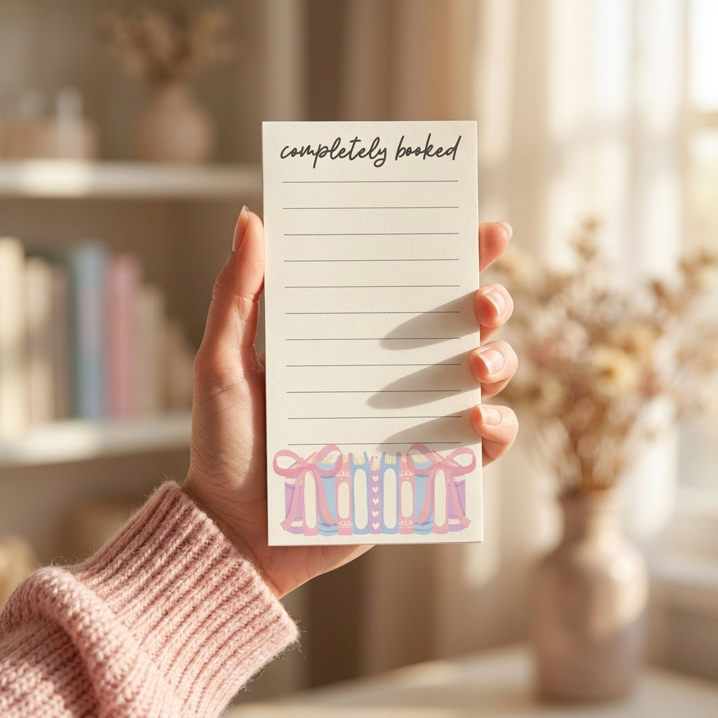 3.5x7 Book Lover Notepad Reading List Tracker Completely Booked Design Handwritten Script Header Pastel Blue Pink Books Illustration Literary Gift Stationery Bookish Organizer Forty Page Reading Journal Dotted Lines Writing Space Compact Size In A Womans Hand
