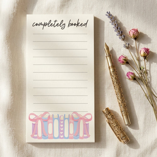 Book Lover Notepad Reading List Tracker Completely Booked Design Handwritten Script Header Pastel Blue Pink Books Illustration Literary Gift Stationery Bookish Organizer Forty Page Reading Journal Dotted Lines Writing Space Compact Size