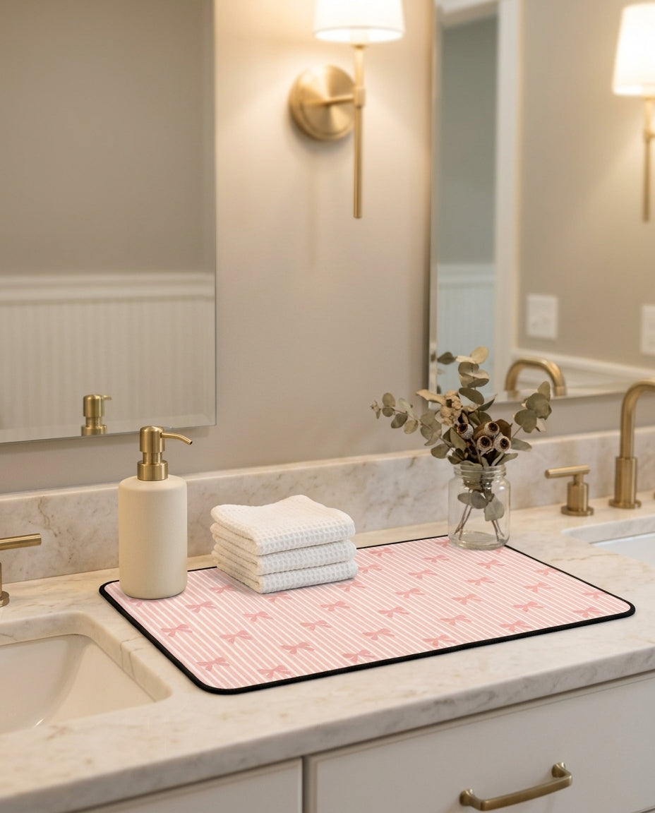 A pink and white striped mat with a bow pattern and black border, styled on a white marble bathroom vanity with folded towels, a soap dispenser, and a vase of eucalyptus.
