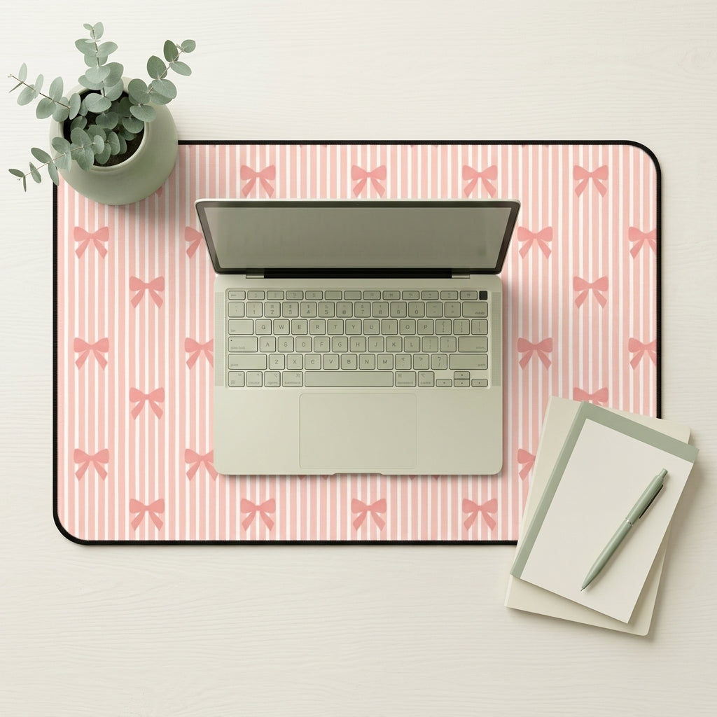 A flat-lay view of a large desk mat with a pink and white striped pattern and pink bow motifs, styled with a laptop, a small potted eucalyptus plant, and a notepad with a pen on a light wood desk.