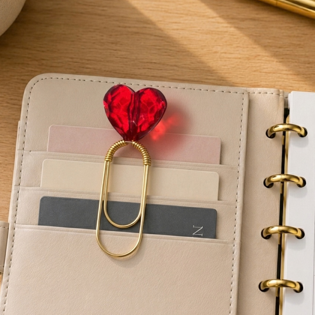 Heart Bookmark – Metal Paper Clip with Red Acrylic Bead