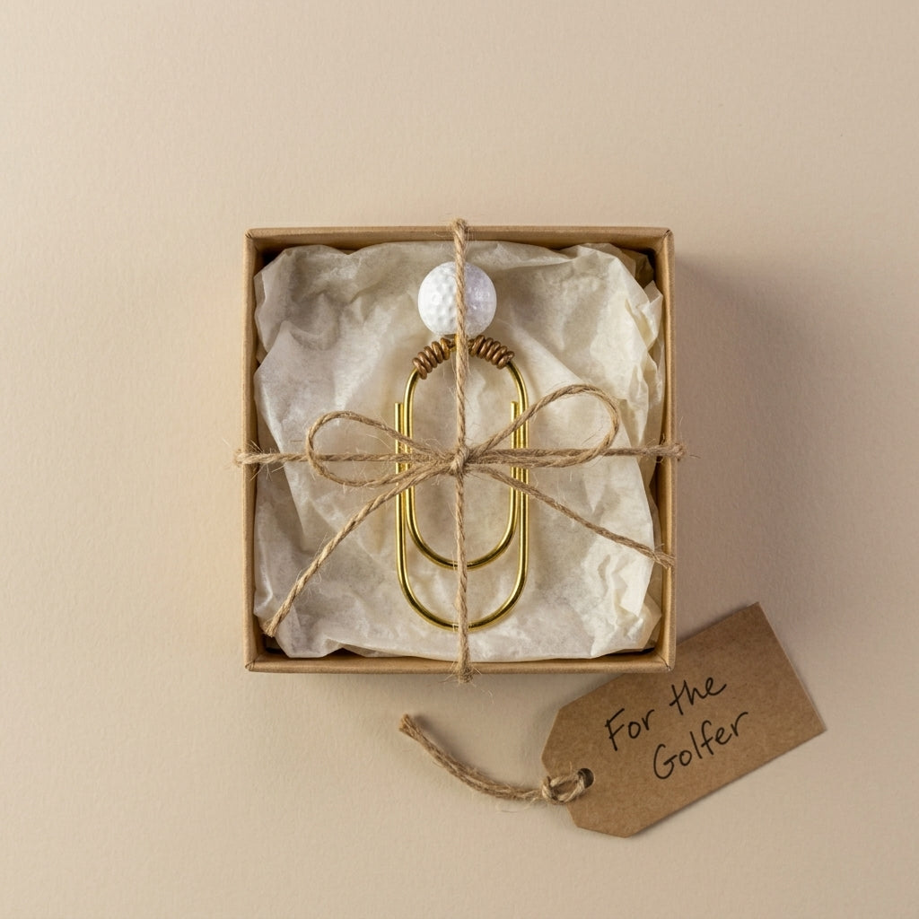 A gold paperclip with a white golf ball bead attached with gold colored wire, presented in a square kraft gift box with tissue paper and twine, next to a brown paper tag that reads 'For the Golfer'.