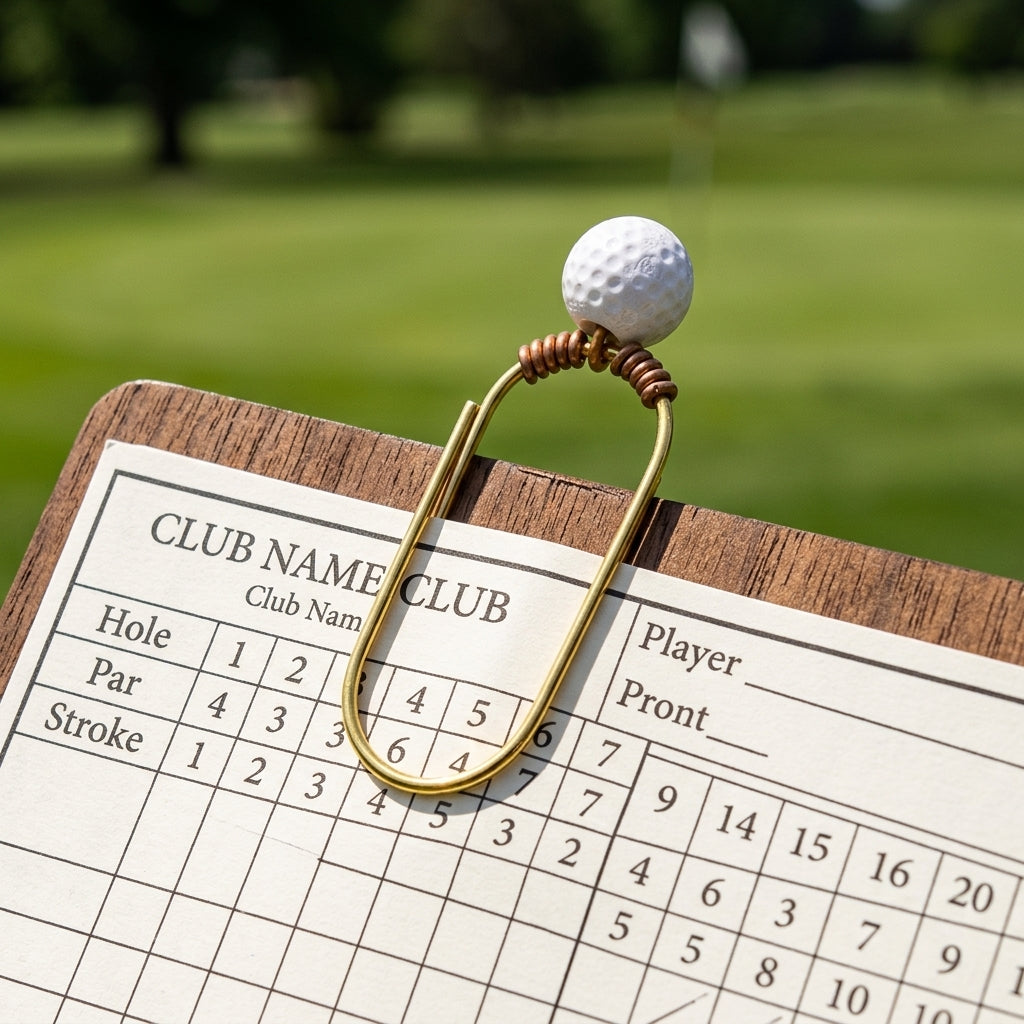 A novelty golf club paperclip made from a gold metal U-shaped wire frame, a white textured golf ball bead on top, and gold wrapping, holding a wooden board with a golf scorecard in the foreground and a blurred green golf course in the background.