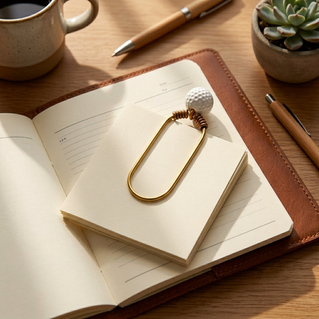 A gold metal paperclip bookmark with a white golf ball on top rests on cream-colored notepads inside a brown leather notebook cover, set on a wooden desk with a coffee mug, pen, and succulent.