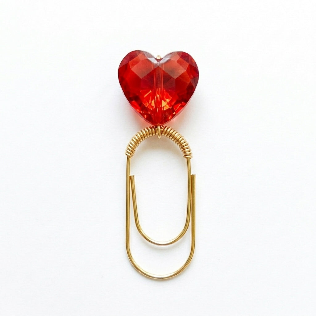 Red Heart Bookmark Metal Paper Clip Design Red Acrylic Bead Accent Gold Finish Options Book Lover Gift Idea Decorative Reading Accessory Functional Page Marker Literary Present Elegant Office Supply Romantic Reading Essential Unique