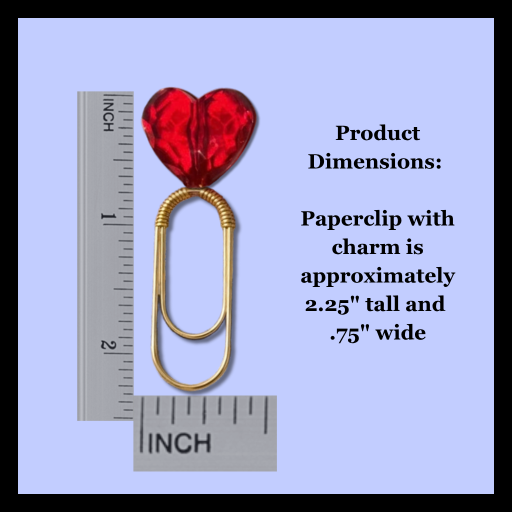 Red Heart Bookmark Metal Paper Clip Design Red Acrylic Bead Accent Gold Finish Options Product Dimensions 2.25" tall and .75" wide Book Lover Gift Idea Decorative Reading Accessory Functional Page Marker Literary Present Elegant Office Supply Romantic Reading Essential Unique