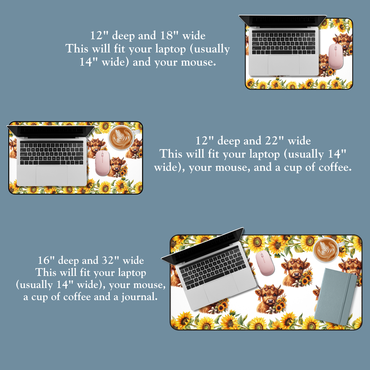 Three size options for a laptop and mouse pad set with a sunflower and autumn leaf pattern, shown with dimension text and mockups of laptops, mice, coffee, and a journal on a blue-gray background.