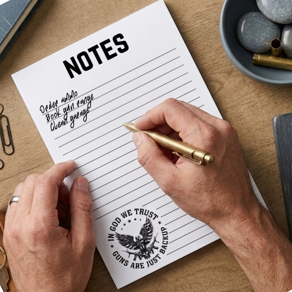 Patriotic Notepad With Eagle And Crossed Rifles Design Fifty Page Lined Writing Pad For Conservative Gift Giving Second Amendment Theme Notes Section At Top Five By Seven Inch Format Chipboard Backing Quality Paper Stock American Pride