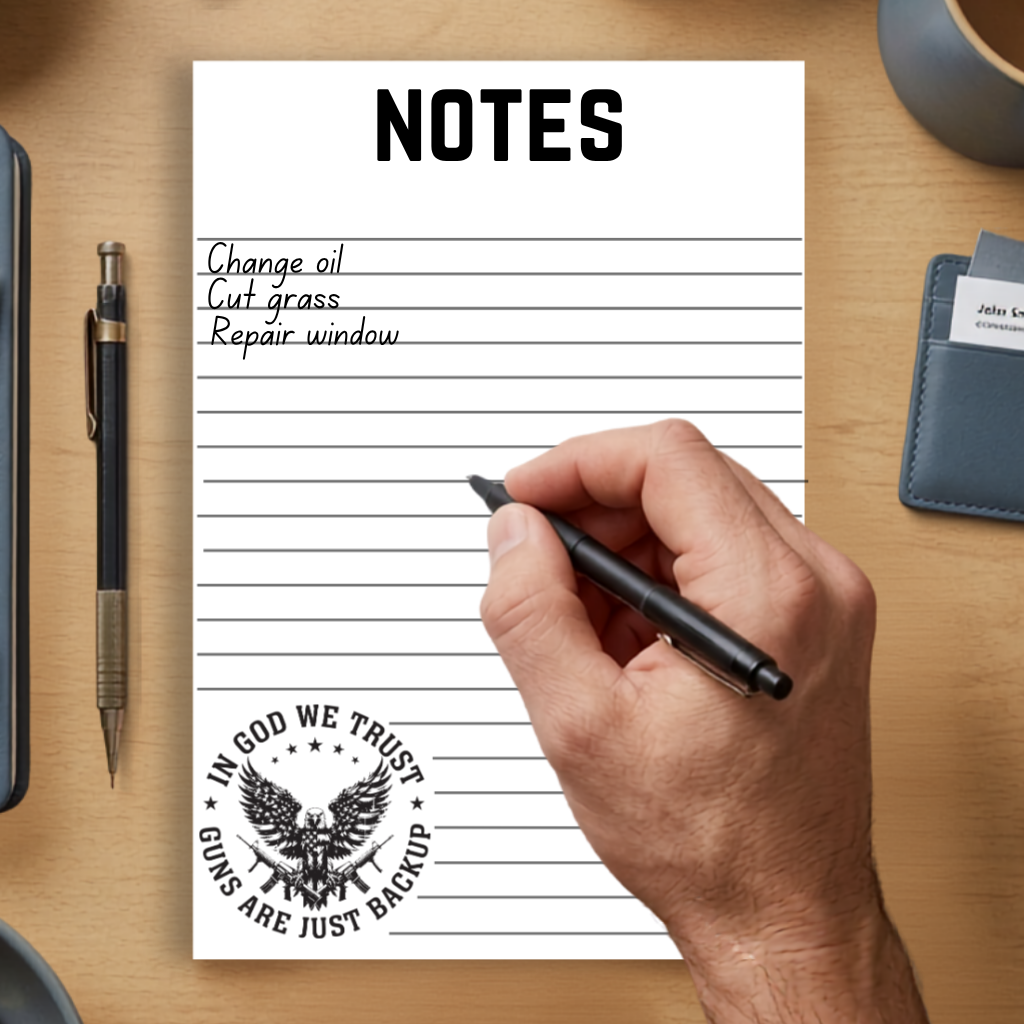Patriotic Notepad With Eagle And Crossed Rifles Design Fifty Page Lined Writing Pad For Conservative Gift Giving Second Amendment Theme Notes Section At Top Five By Seven Inch Format Chipboard Backing Quality Paper Stock American Pride