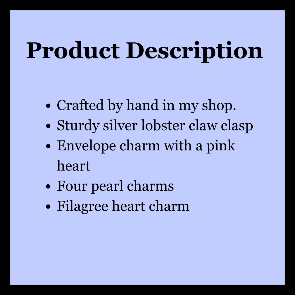 A product description slide with a light blue background and black border, featuring a bulleted list of details about a handmade keychain with lobster claw clasp and charms.