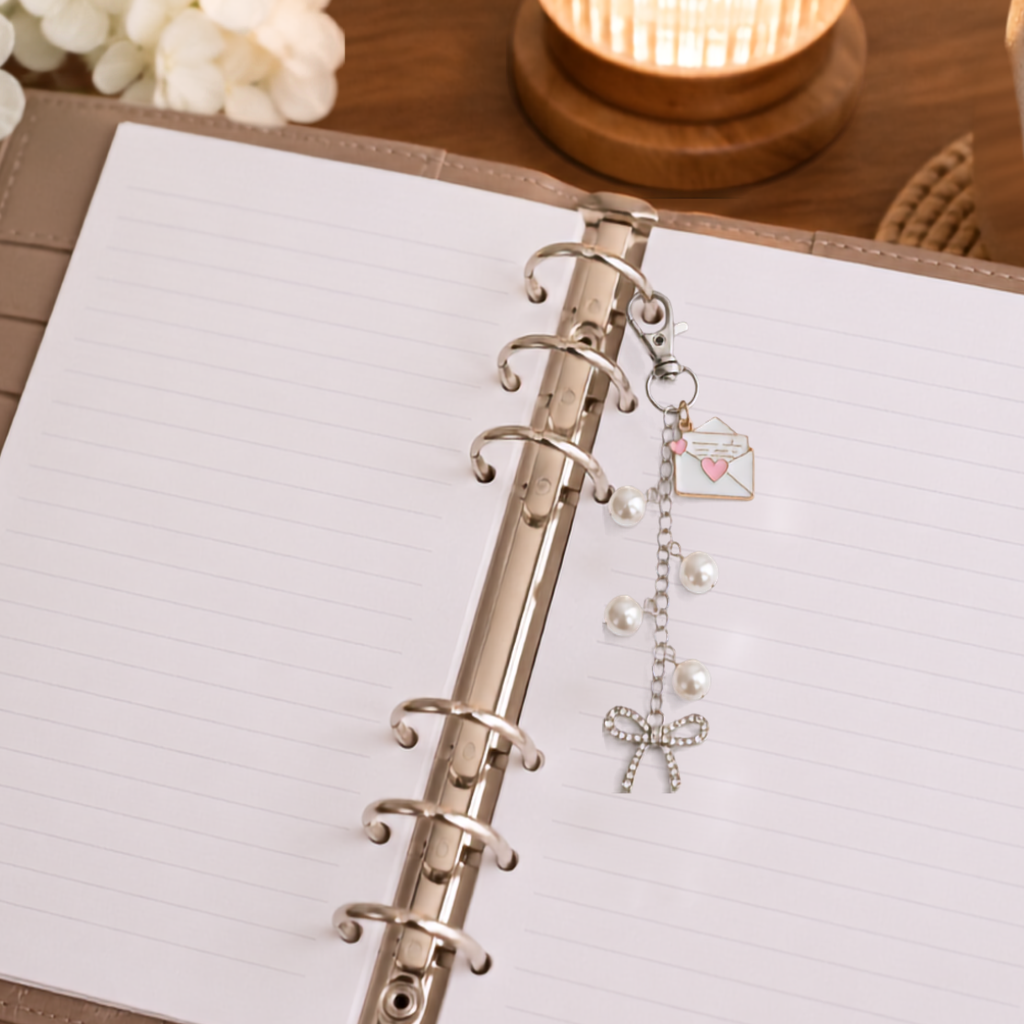 A silver-toned metal ring binder with a decorative charm featuring a small envelope and faux pearl beads, shown open on lined paper on a wooden surface.