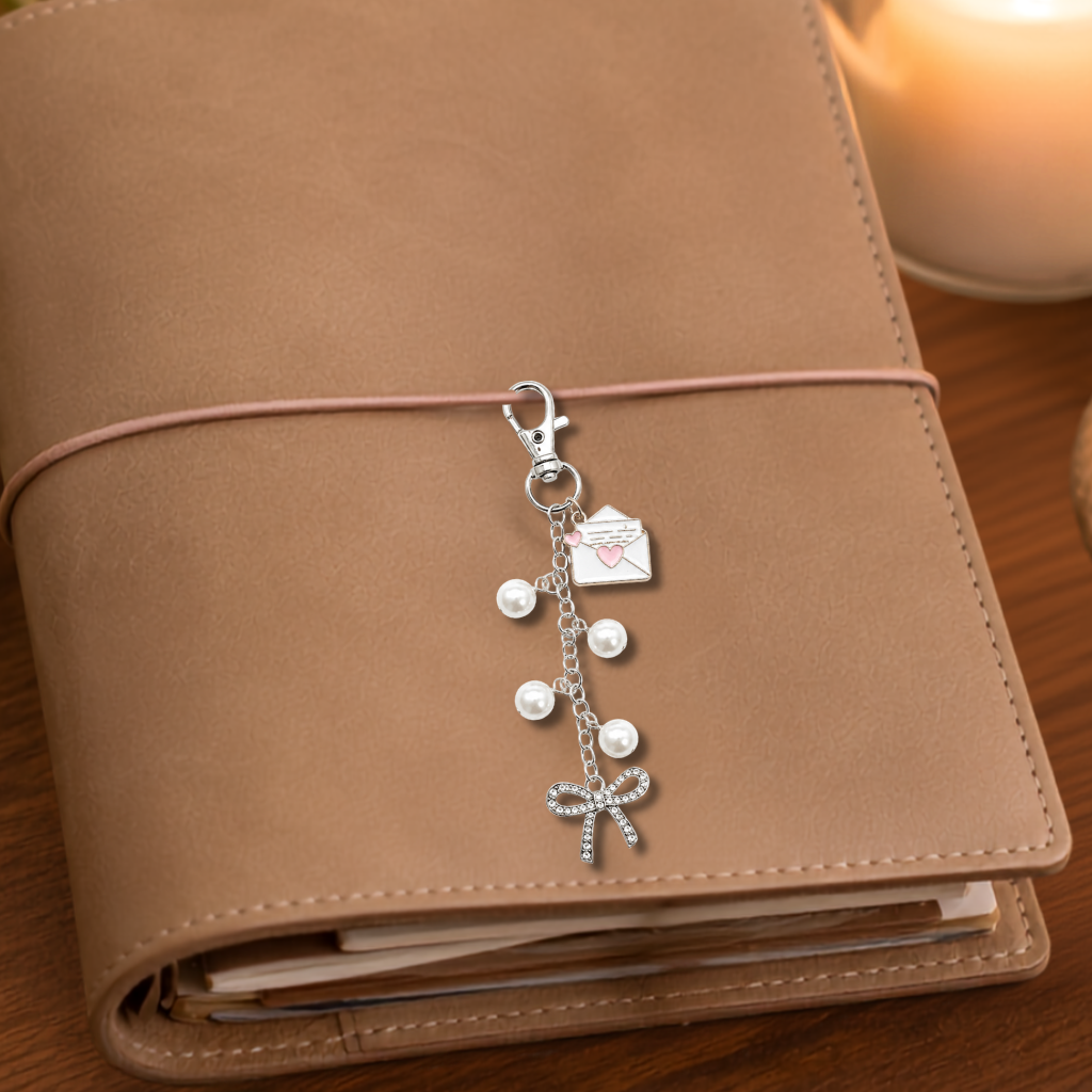 A silver-toned keychain charm with a lobster clasp, small envelope charm, faux pearl beads, and a rhinestone bow charm, resting on a tan leather planner cover on a wooden surface.