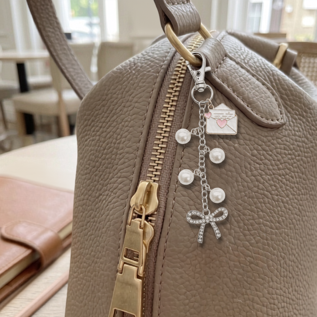 A close-up of a taupe pebbled leather handbag featuring a gold-tone zipper and a decorative charm set with white faux pearls, a silver rhinestone bow, and a small envelope charm.